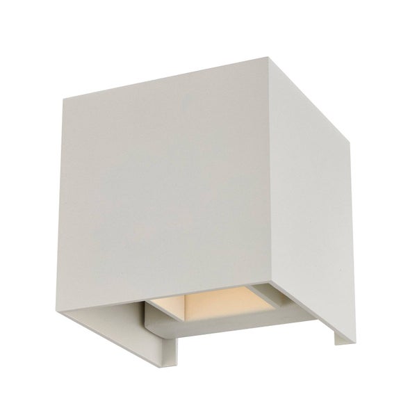 Weiße würfelförmige Wandleuchte mit Lichtaustritt nach oben und unten.