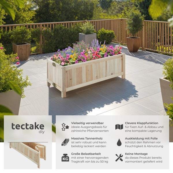 Tectake klappbarer Hochbeet Blumenkasten aus Tannenholz auf einer Terrasse mit bunten Blumen bepflanzt, inklusive Produktmerkmalen.