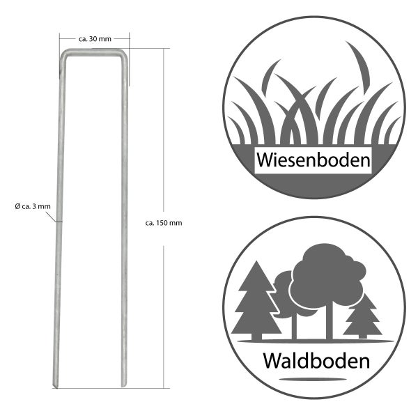AMANKA 100 Stück Ø3,2mm Erdanker verzinkt 150x30mm Befestigungsanker Unkraut-Vlies Stahl Erdnägel Bodenanker U-Form eck