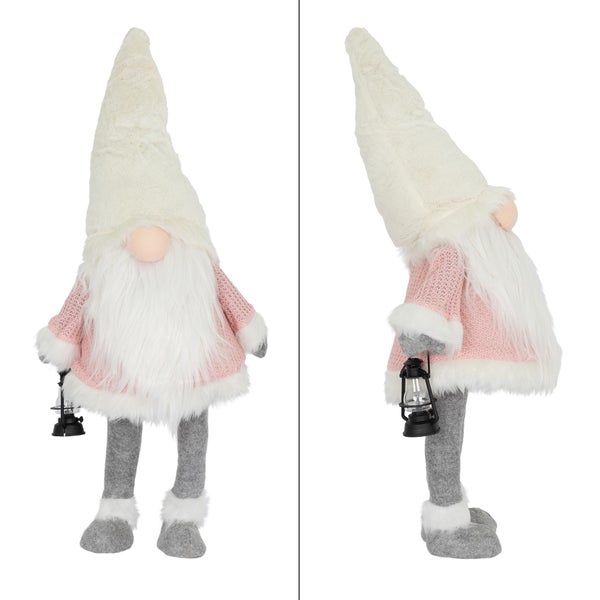 ECD Germany LED Wichtel-Figur mit warmweiß beleuchtete Laterne und Nase 80cm Rosa-Weiß stehend batteriebetrieben Weihnachtsdeko Weihnachtswichtel Weihnachtszwerg Deko Zwerg Gnom Plüsch Puppe mit Mütze