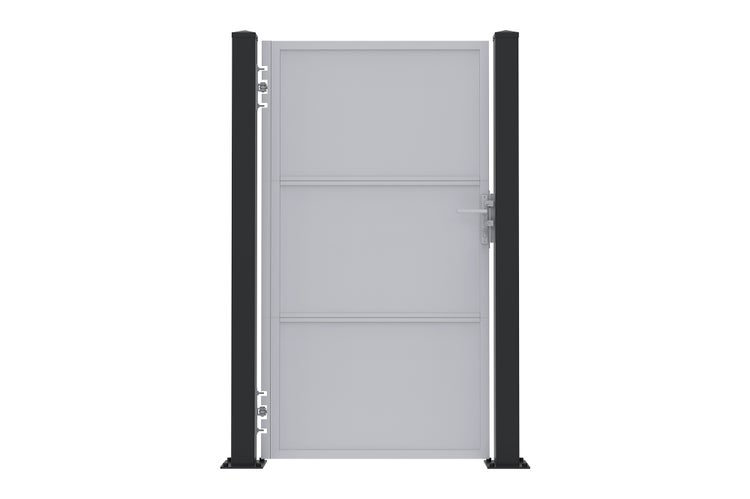 Modernes Gartentor aus Aluminium mit zwei Pfosten, Drückergarnitur und Schloss.