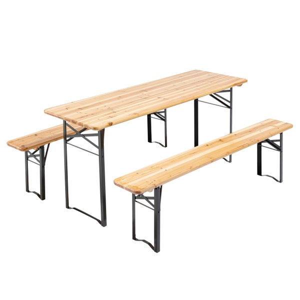 Festzeltgarnitur bestehend aus einem Tisch und zwei Bänken aus Holz mit schwarzen Metallgestellen.