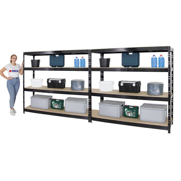 PROREGAL Mega Deal 2x Profi Schwerlastregal Rhino HxBxT 180 x 200 x 60 cm 4 Spanplatten-Ebenen 16mm Fachlast 500 kg Schwarz