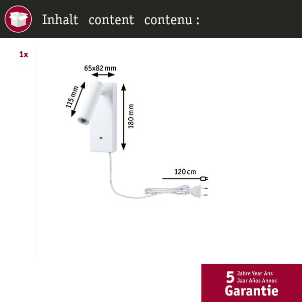 LED-Wandleseleuchte Hulda in Weiß, im Schlafzimmer montiert, mit warmweißem Licht, schwenkbarem Spot und USB-Ladefunktion für Mobilgeräte.