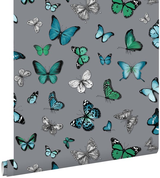 ESTAhome Tapete Schmetterlinge Silber und Türkis - 53 cm x 10.05 m - 138510