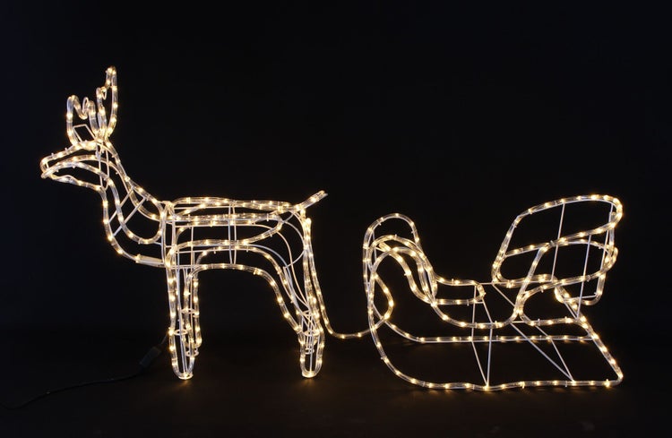 FRANK FLECHTWAREN | LED-Deko Rentier mit Schlitten, METALL, KUNSTSTOFF, Schlitten ca. 58 x 27 x 42 cm, Rentier 64 x 36 x 70 cm, Gesamtlänge 177 cm, Zuleitung 5 Meter