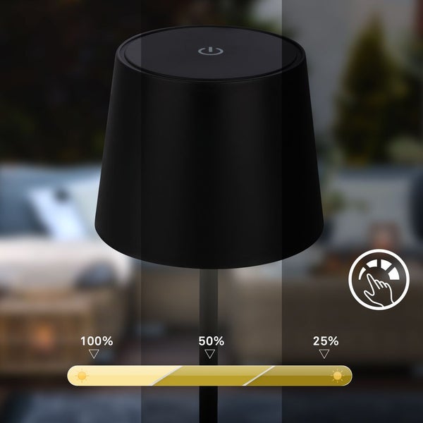 Schwarze Tischleuchte mit Touch-Dimmer und drei Helligkeitsstufen: 100 Prozent, 50 Prozent und 25 Prozent.