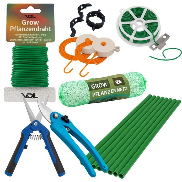 Gartenset mit Pflanzendraht, Pflanzennetz, Gartenschnur, Befestigungsclips, Pflanzenstäben und Gartenschere