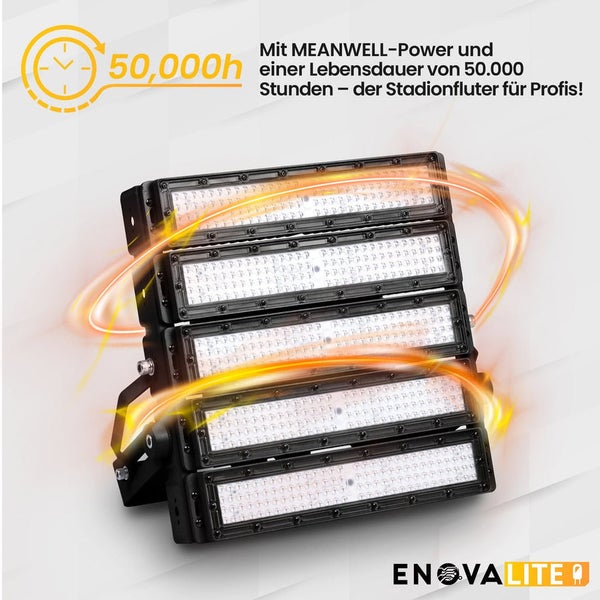 ENOVALITE Profi LED Stadion Fluter Flutlichtstrahler 300W 39000lm 5000K Neutralweiß Strahler IP66 IK10 Meanwell Driver
