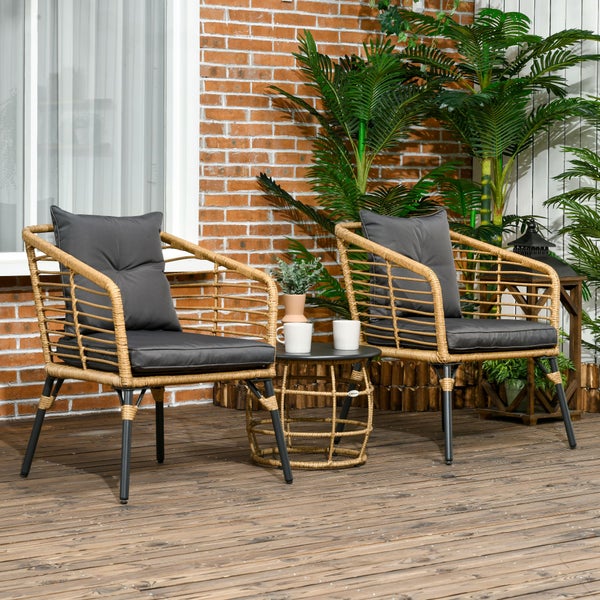 Outsunny Rattan Gartenmöbel-Set, 3-TLG. Sitzgruppe, inkl. Couchtisch und 2 Stühle, Bistro-Set mit Kissen, Balkonmöbel für Terrasse, Balkon, Stahl, Sand+Dunkelgrau