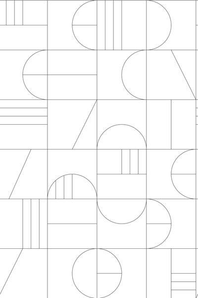 Abstraktes geometrisches Muster mit Kreisen, Linien und Rechtecken.