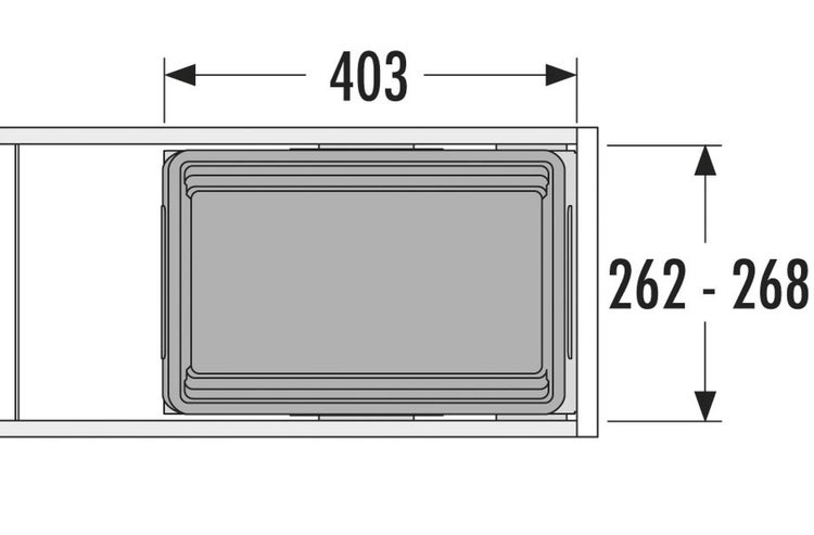 Technische Zeichnung mit Maßangaben für eine Einbaubox in einer Schublade, Breite 403 Millimeter, Tiefe 262 bis 268 Millimeter.