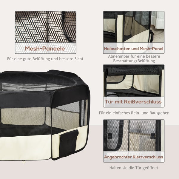 PawHut Hundelaufstall, Ø120 x H58 cm, Oxford-Gewebe, Stahl, Schwarz + Creme-Weiß