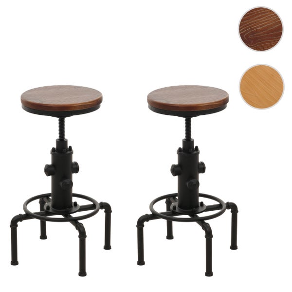 Zwei Barhocker mit Holzsitzen und schwarzem Metallgestell