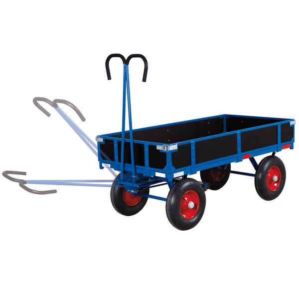 Stabiler Bollerwagen mit blauem Metallgestell, schwarzen Seitenwänden und Luftbereifung auf roten Felgen. Die Deichsel ist höhenverstellbar.