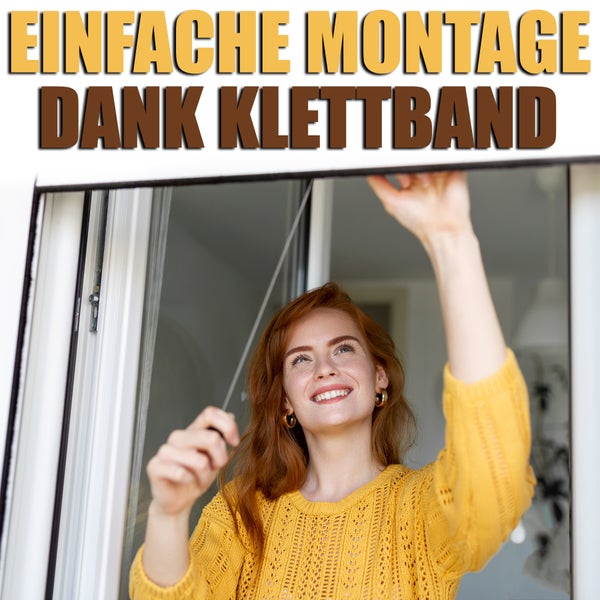 Frau montiert Insektenschutzgitter am Fenster mit Klettband. Text im Bild: Einfache Montage dank Klettband.