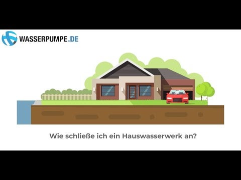 Illustration eines Hauses mit Garten und rotem Auto vor der Garage. Frage: Wie schließe ich ein Hauswasserwerk an?