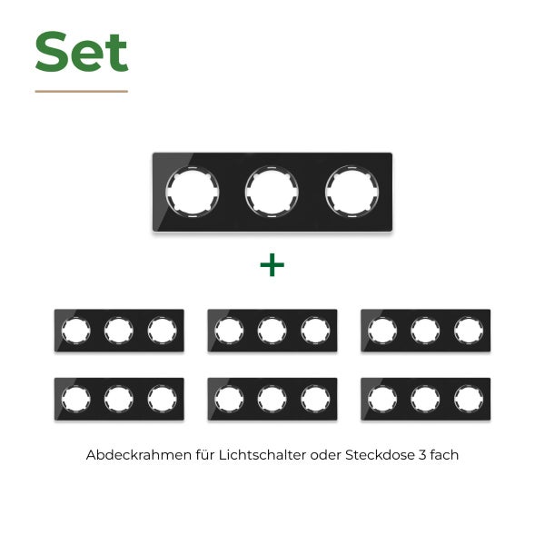 Set aus sechs dreifachen Abdeckrahmen für Lichtschalter oder Steckdosen in rechteckigem Design