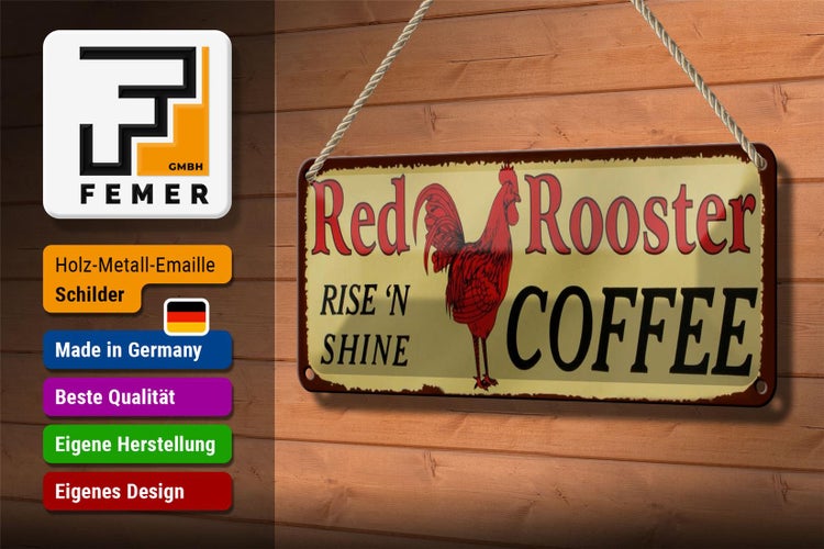 Blechschild Spruch 27x10cm Red Rooster rise`n shine COFFEE Dekoration