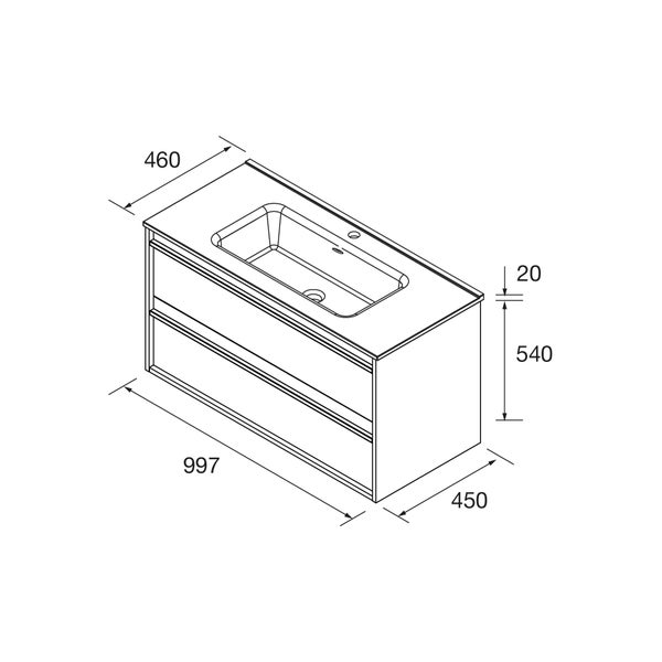 Technische Zeichnung eines Waschbeckenunterschranks mit zwei Schubladen und Waschbecken, inklusive Maße in Millimeter: Breite 997, Tiefe 460, Höhe 560.
