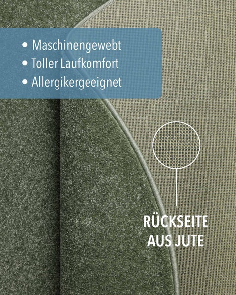 Maschinengewebter Teppich, allergikergeeignet, mit hohem Laufkomfort und einer Rückseite aus Jute.