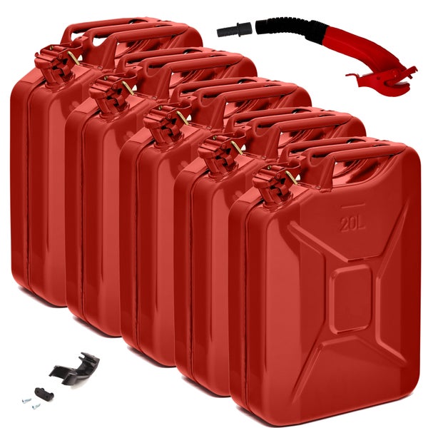 BW® Kraftstoffkanister Metall Benzinkanister 5x 20 Liter mit Ausgießer - Rot - RAL 3000 - TÜV-geprüft und UN-Zulassung - Made in Europe