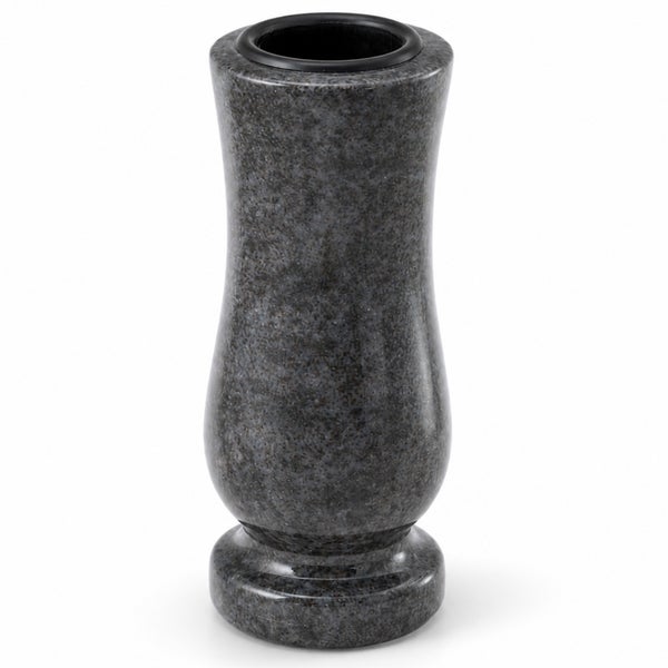 Grabvase aus Granit mit runder Form und Kunststoffeinsatz.