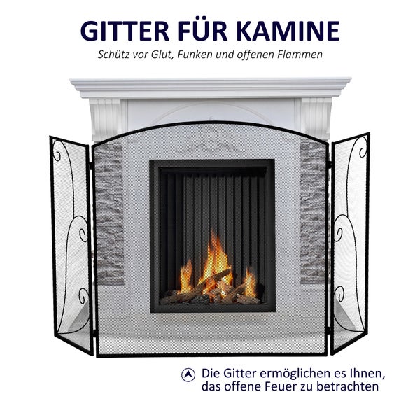 HOMCOM Kamingitter, Kaminschutzgitter mit 3 Paneelen, Klappbares Funkenschutzgitter, Ofenschutzgitter für Wohnzimmer, Metall, Schwarz 132,5 x 76,5cm