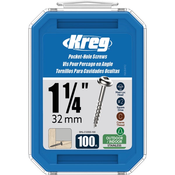Kreg Taschenlochschrauben aus Edelstahl, 32 Millimeter, Grobgewinde, Maxi-Loc-Kopf, Quadratantrieb Nummer 2, für innen und außen, 100 Stück.