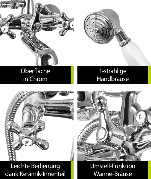 aquaSu® Zweigriffmischer Athenas für Wanne inklusive Brausegarnitur | Wasserhahn Retro | Umsteller Badewannenarmatur | Wannenbatterie | Nostalgische Zweigriffarmatur | Kreuzgriffe | Chrom | 768023