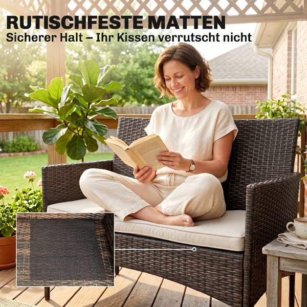 Rutschfeste Matte für Gartenmöbelauflagen unter einem Sitzkissen auf einem Rattansessel im Außenbereich.