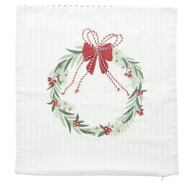 Dekokissen mit Weihnachtskranz-Motiv und Schleife