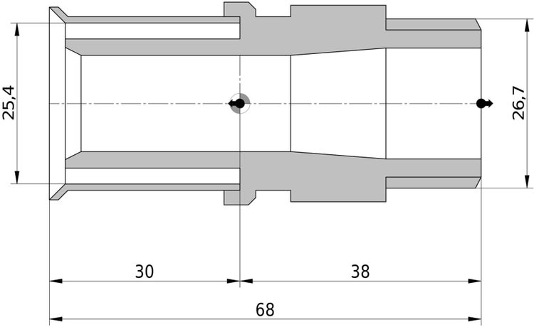Technische Zeichnung eines Rohrverbinders mit Maßen: Gesamtlänge 68 Millimeter, Teilstücke 30 und 38 Millimeter, Durchmesser 25,4 und 26,7 Millimeter.