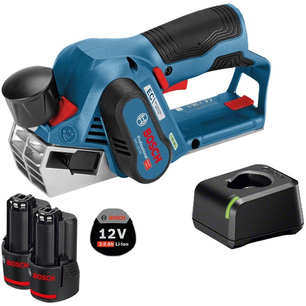 Bosch Professional Akku-Hobel GHO 12V-20 mit zwei 12 Volt 3,0 Amperestunden Lithium-Ionen Akkus und Ladegerät.