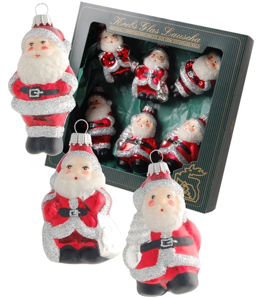 Rot/Silber 7-9cm Weihnachtsmänner, 6 Stück sortierte Glasornamente, mundgeblasen, handbemalt, 6 Stck., Weihnachtsbaumkugeln, Christbaumschmuck, Weihnachtsbaumanhänger