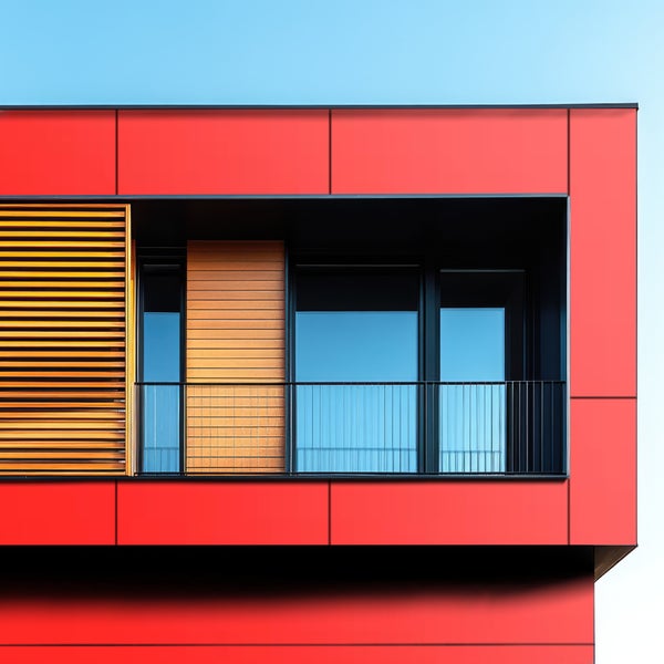 Detailaufnahme eines Gebäudes mit Fassadenplatten und Balkon