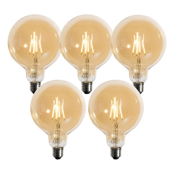 Set aus fünf LED-Leuchtmitteln in Globe-Form mit E27-Fassung, Filament-Technik und bernsteinfarbenem Glas.