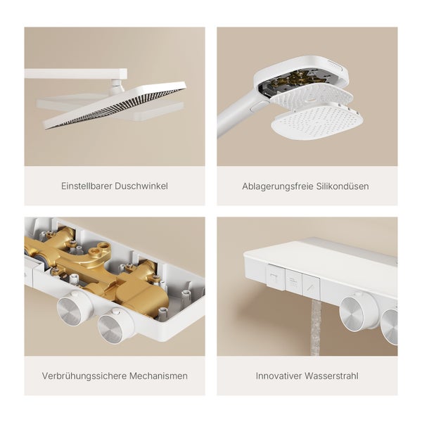 Produktabbildung einer Duscharmatur mit einstellbarem Duschwinkel, ablagerungsfreien Silikondüsen, verbrühungssicheren Mechanismen und innovativem Wasserstrahl