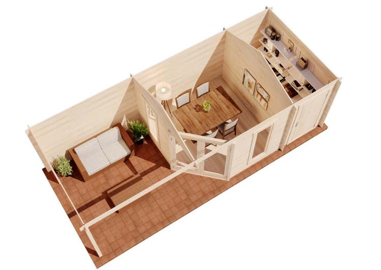 Alpholz 5-Eck Gartenhaus Liwa mit Anbau aus Holz in Naturbelassen mit 40mm Wandstärke und Überdachter Terasse