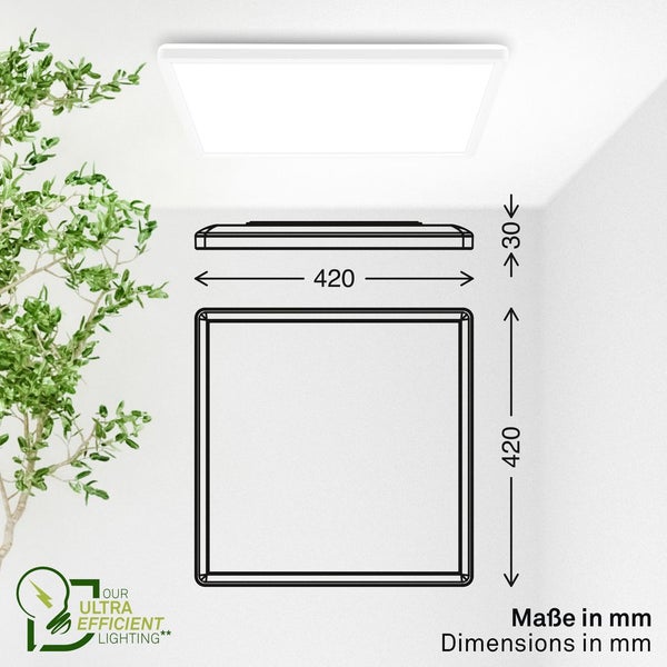 Abmessungen der Deckenleuchte, 420 mal 420 Millimeter