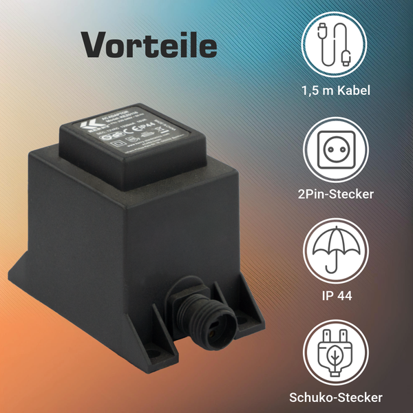 Wechselstrom-Transformator mit 1,5 Meter langem Kabel, 2-Pin-Stecker, Schutzart IP 44 und Schuko-Stecker.