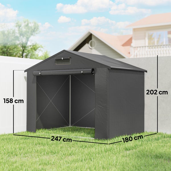 Pavillon mit verbessertem verzinktem Metallrahmen, Stahldrähten zur Stabilisierung und Erdnägeln zur Befestigung im Boden.