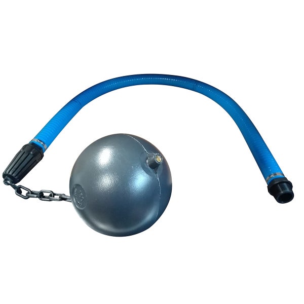 Schwimmende Entnahme mit blauem Saugschlauch, grauem Schwimmerball und Anschlussgewinde für Zisternen oder Brunnen.