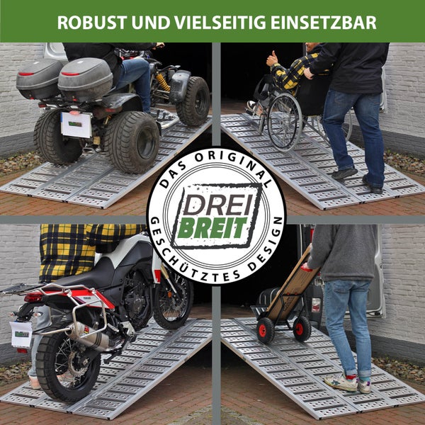 Mehrfachansicht von Aluminiumrampen mit Quad, Rollstuhl, Motorrad und Transportwagen