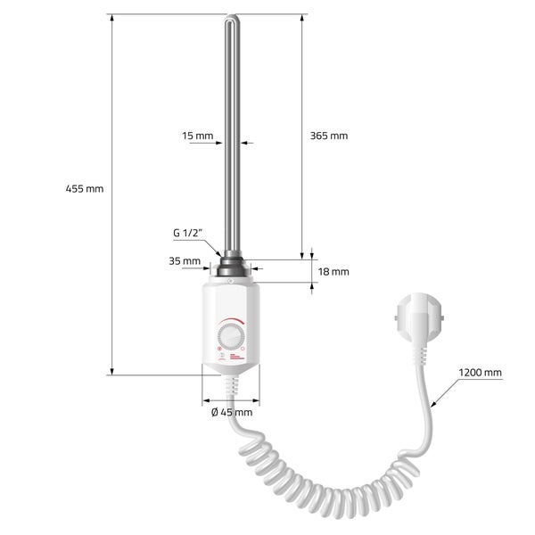 ECD Germany Heizstab 1200W Weiß für Badheizkörper, Heizpatrone mit Thermostat für Heizkörper, Elektronischer Temperaturregler, Heizelement mit Stecker, Elektroheizstab für Heizungen & Handtuchtrockner