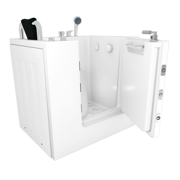 Geöffnete, begehbare Badewanne mit Tür und Duschkopf