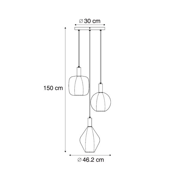 Technische Zeichnung einer dreiflammigen Pendelleuchte mit Maßangaben zur Höhe von 150 Zentimeter und Durchmessern von 30 und 46,2 Zentimeter.