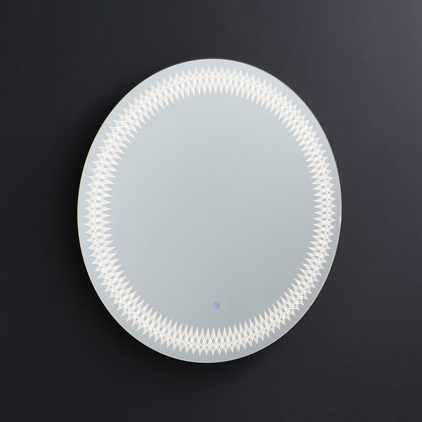 Runder LED-Badezimmerspiegel mit geometrischem Lichtmuster und Touch-Sensor.
