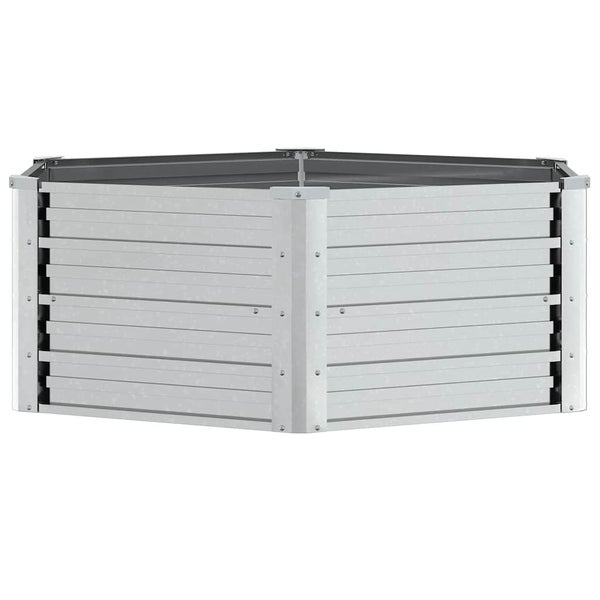 Sechseckiges Hochbeet aus Metall mit horizontalen Lamellen in Silber.