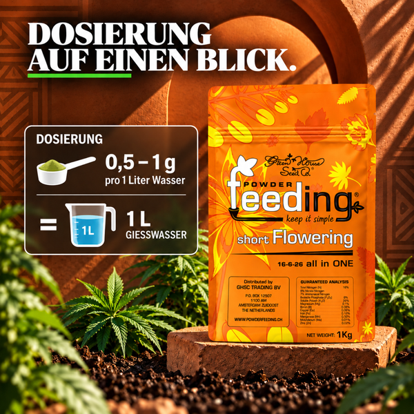 Green House Seed Company Powder Feeding Short Flowering Duenger mit Dosieranleitung fuer Pflanzen.